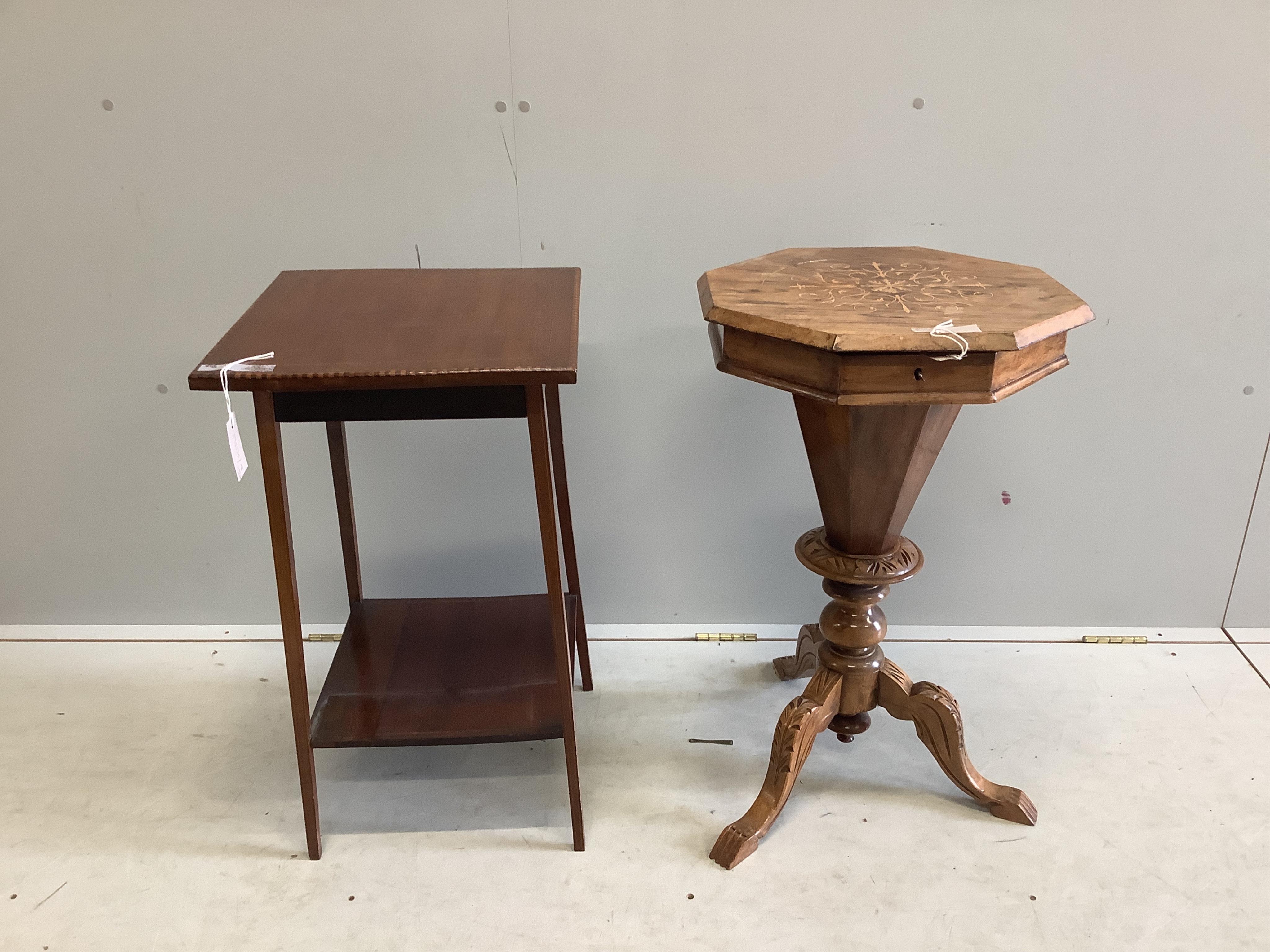 A Victorian marquetry inlaid rosewood trumpet work table, height 74cm, together with an Edwardian banded and inlaid mahogany two tier occasional table. Condition - poor to fair